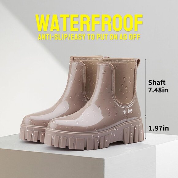 Women's Brown Ankle Boots Waterproof Platform Rubber Chelsea Comfortable Shoes - Picture 6 of 6